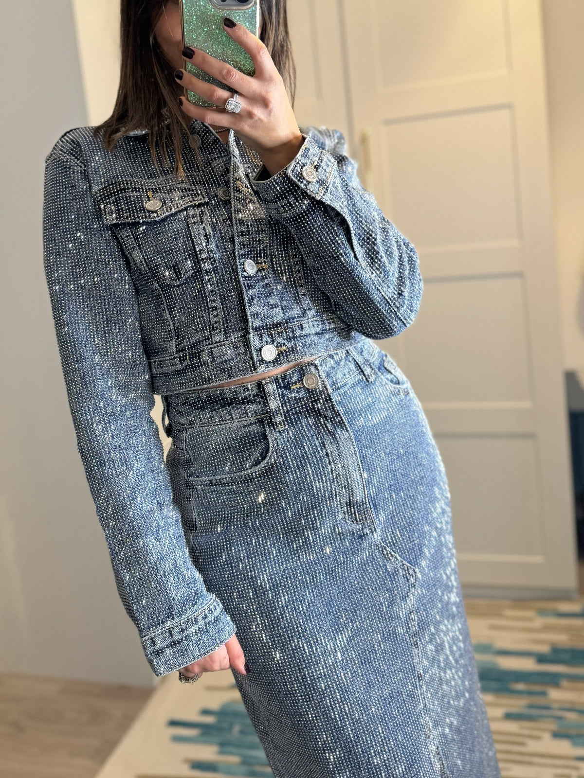 Ensemble Jupe Jean à Strass : jupe jean à strass + veste jean à strass