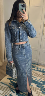 Ensemble Jupe Jean à Strass : jupe jean à strass + veste jean à strass