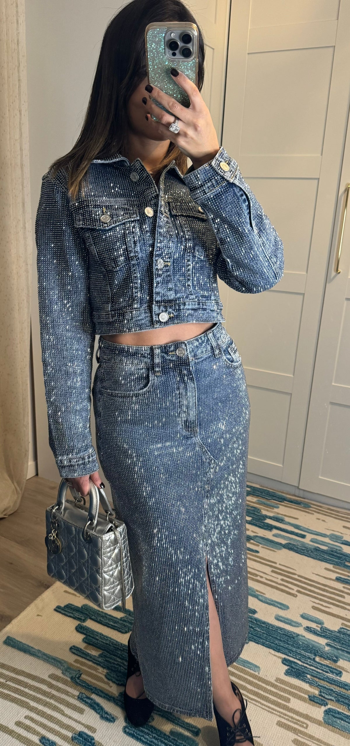 Ensemble Jupe Jean à Strass : jupe jean à strass + veste jean à strass