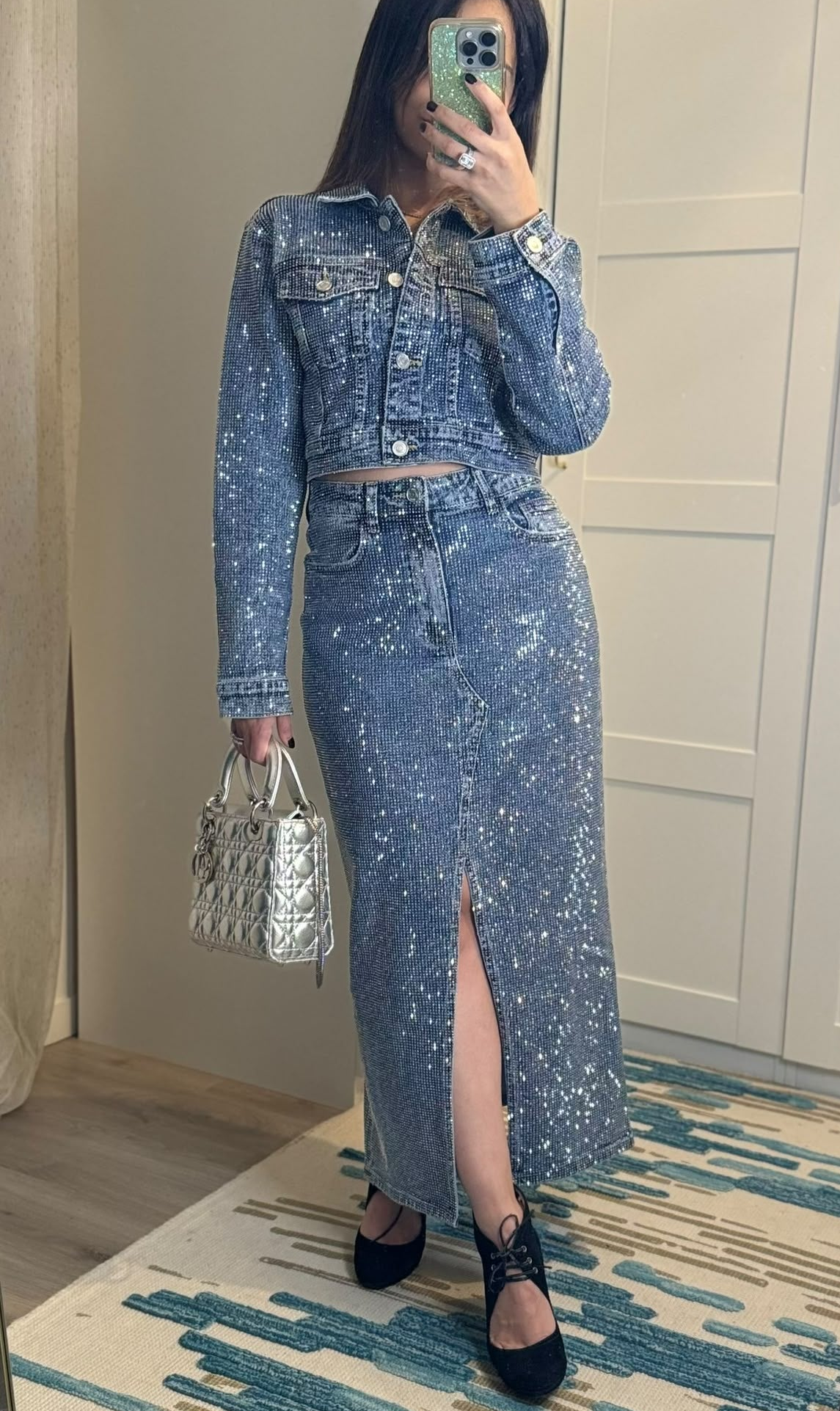Ensemble Jupe Jean à Strass : jupe jean à strass + veste jean à strass